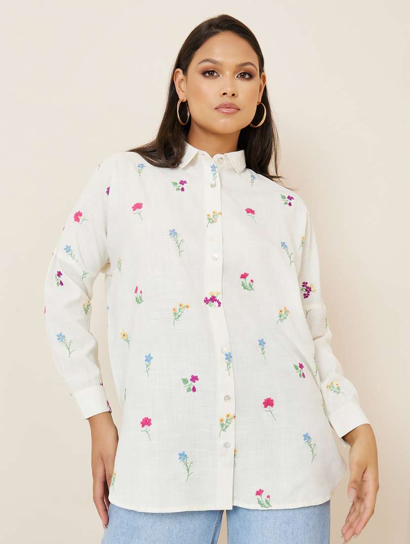 women embroidered collared boxy shirt
