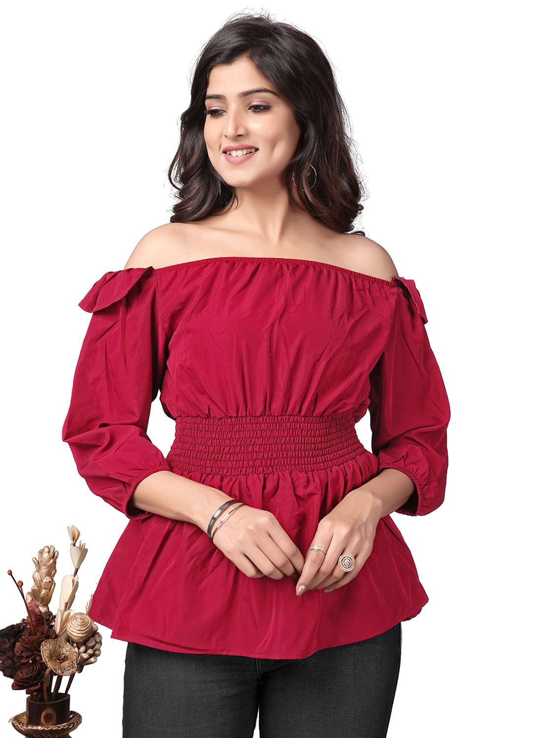 solid maroon detailed peplum top