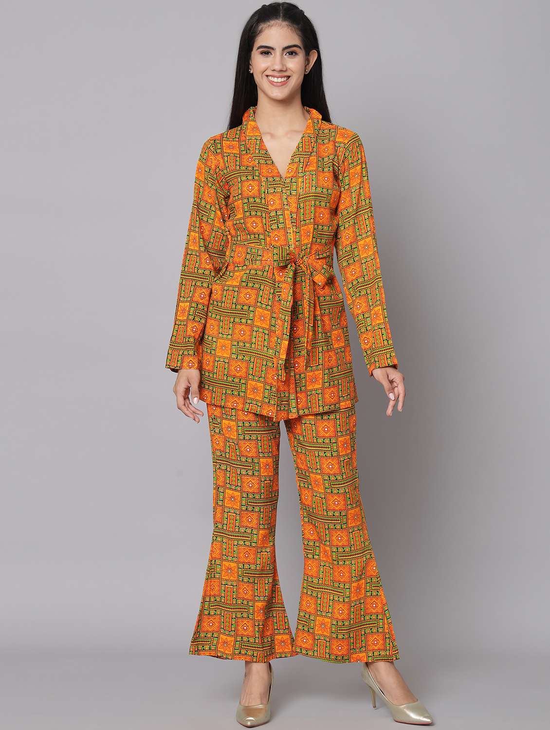 mustard printed top and trouser set co-ord