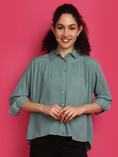 women solid green boxy shirt - 20998232 - Standard Image - 0