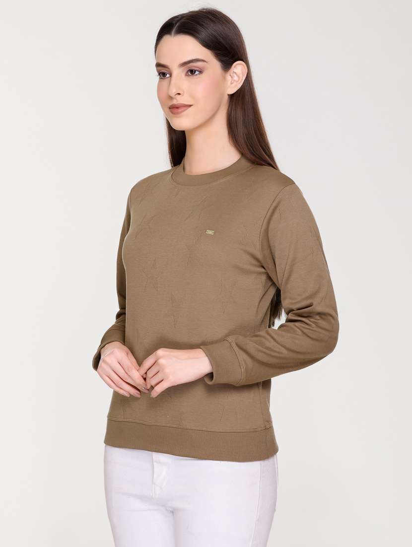 solid brown round neck casual sweatshirt - 20998301 -  Standard Image - 2