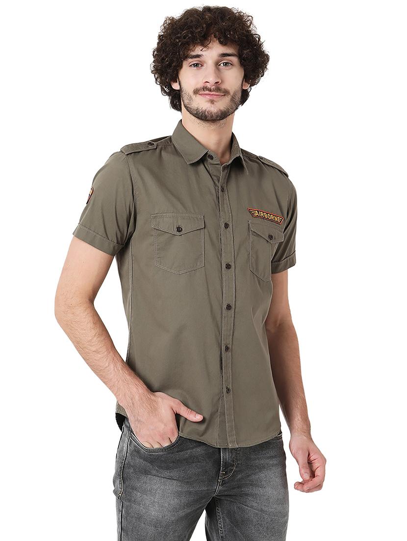 olive cotton casual shirt - 20998702 - Standard Image - 2