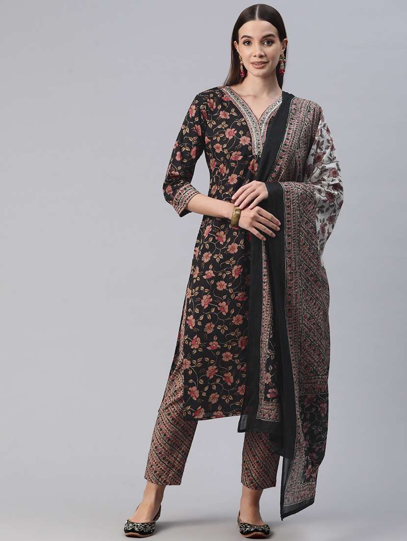 women three quarter sleeve kurta pant with dupatta set