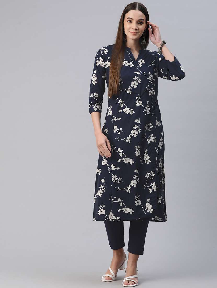 women navy blue floral kurta pant set