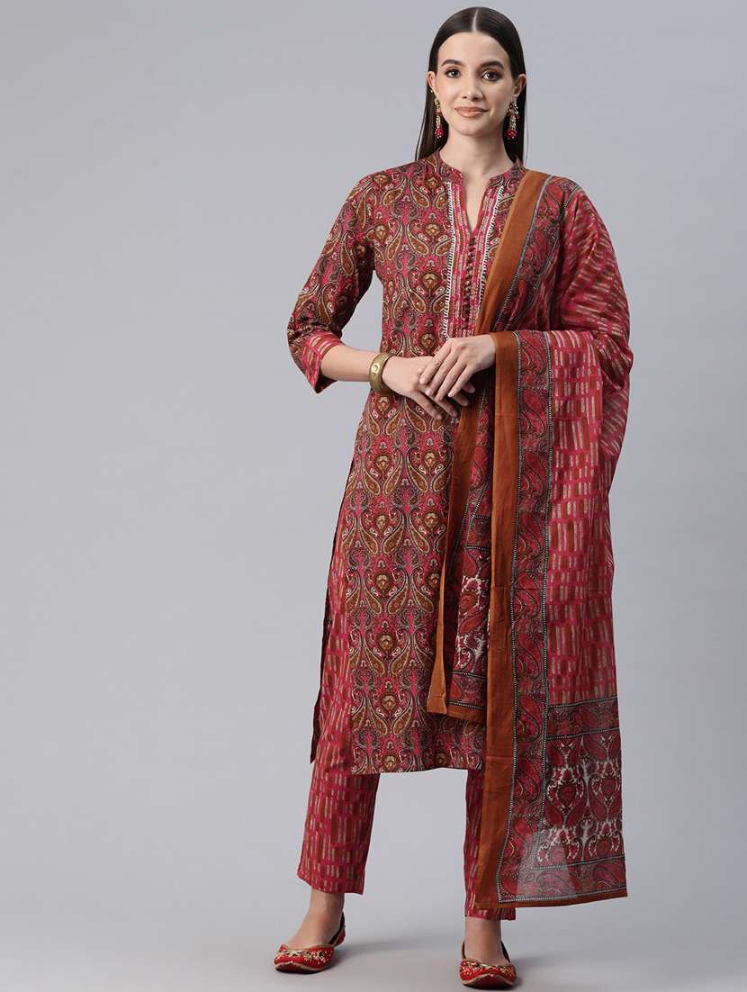 women three quarter sleeve kurta pant with dupatta set