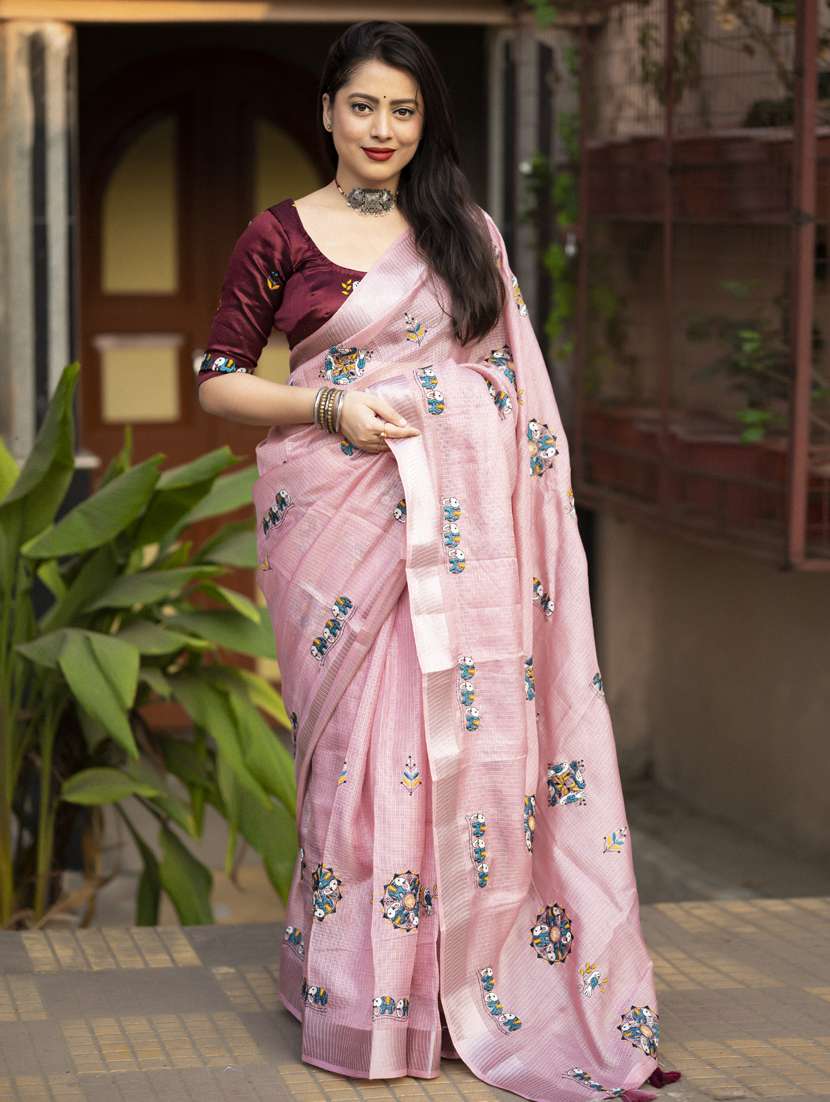 women pink embroidered saree