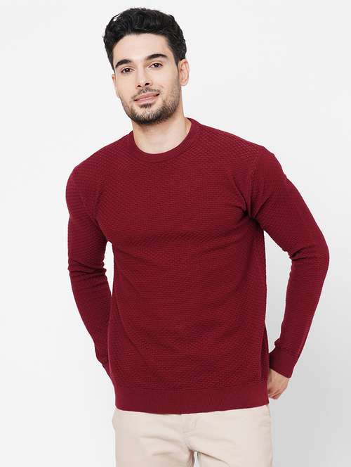 maroon cotton plain self design pullover - 21000425 -  Standard Image - 0