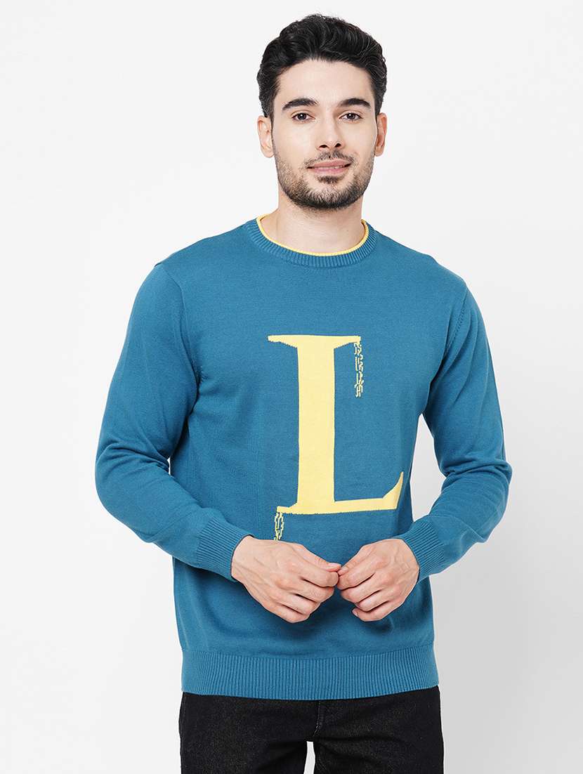 blue cotton typographic pullover