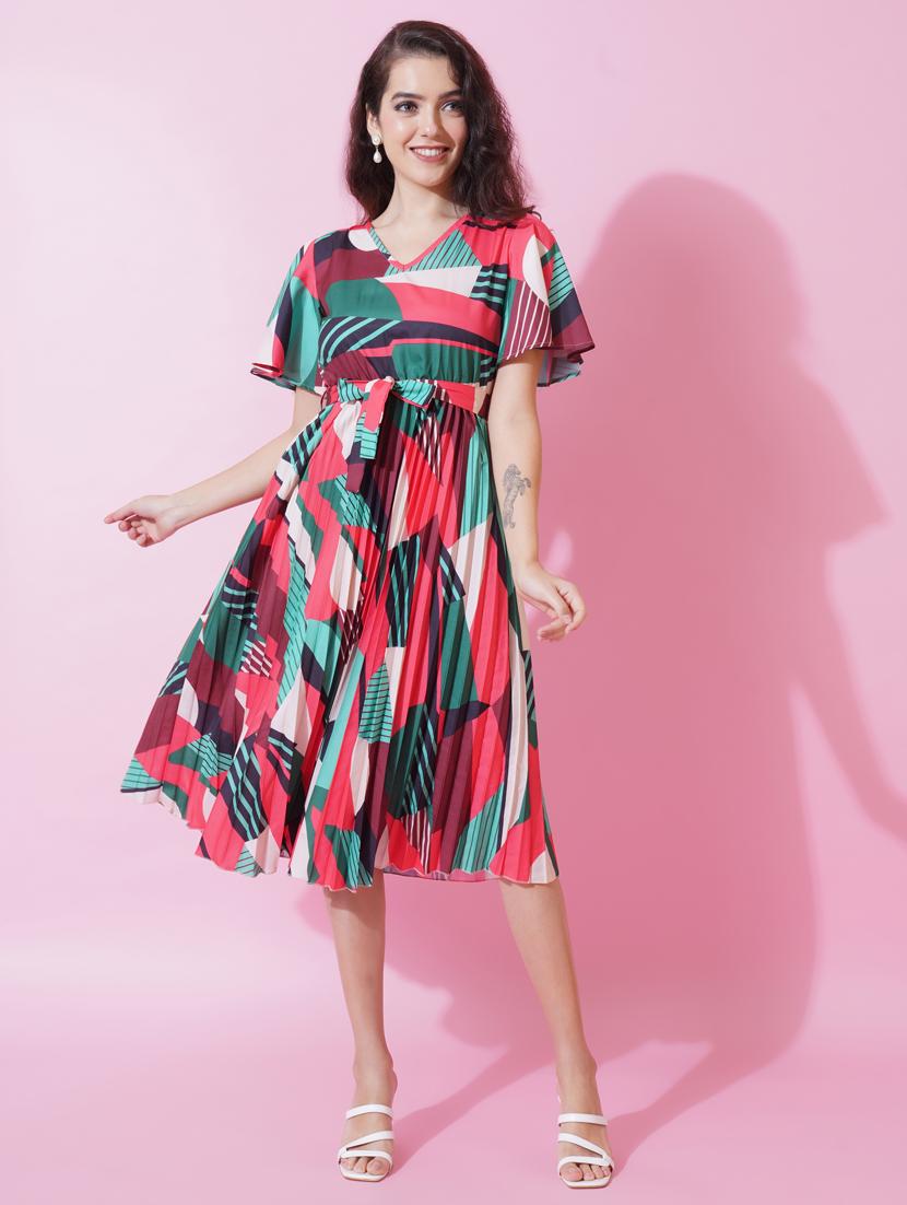 women printed v neck fit & flare dress - 21001014 - Standard Image - 2