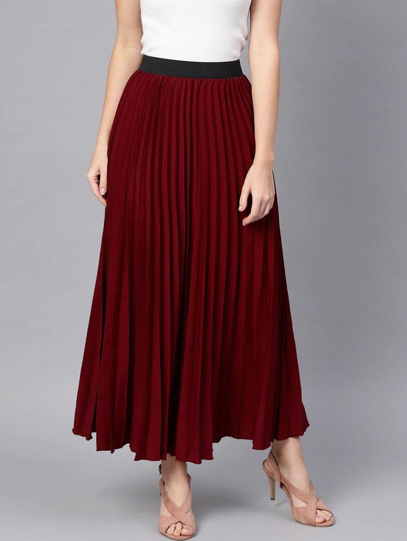 solid maroon pleated detailed skirt - 21008428 - Zoom Image - 0