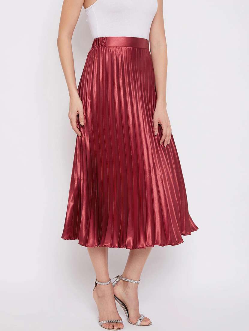 solid maroon pleated detailed skirt - 21008435 -  Standard Image - 2