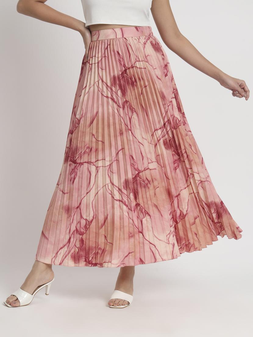 pink printed pleated detailed skirt