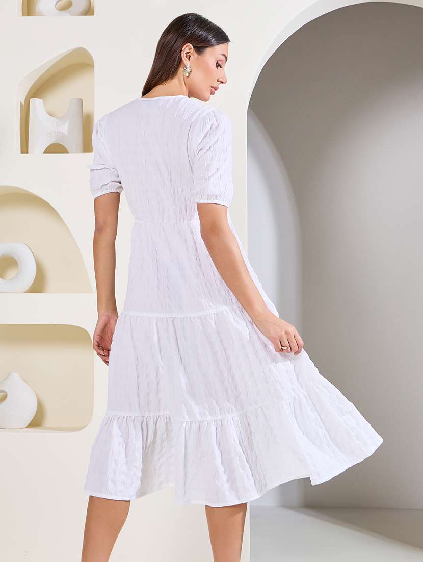 women solid puff sleeves tiered dress - 21015964 - Standard Image - 2