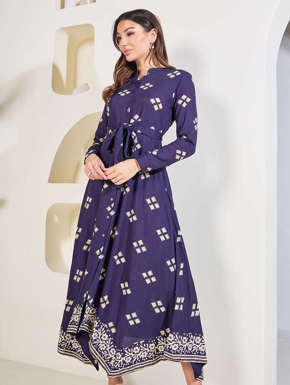 women printed mndrain neck asymmetric dress - 21015979 - Standard Image - 2