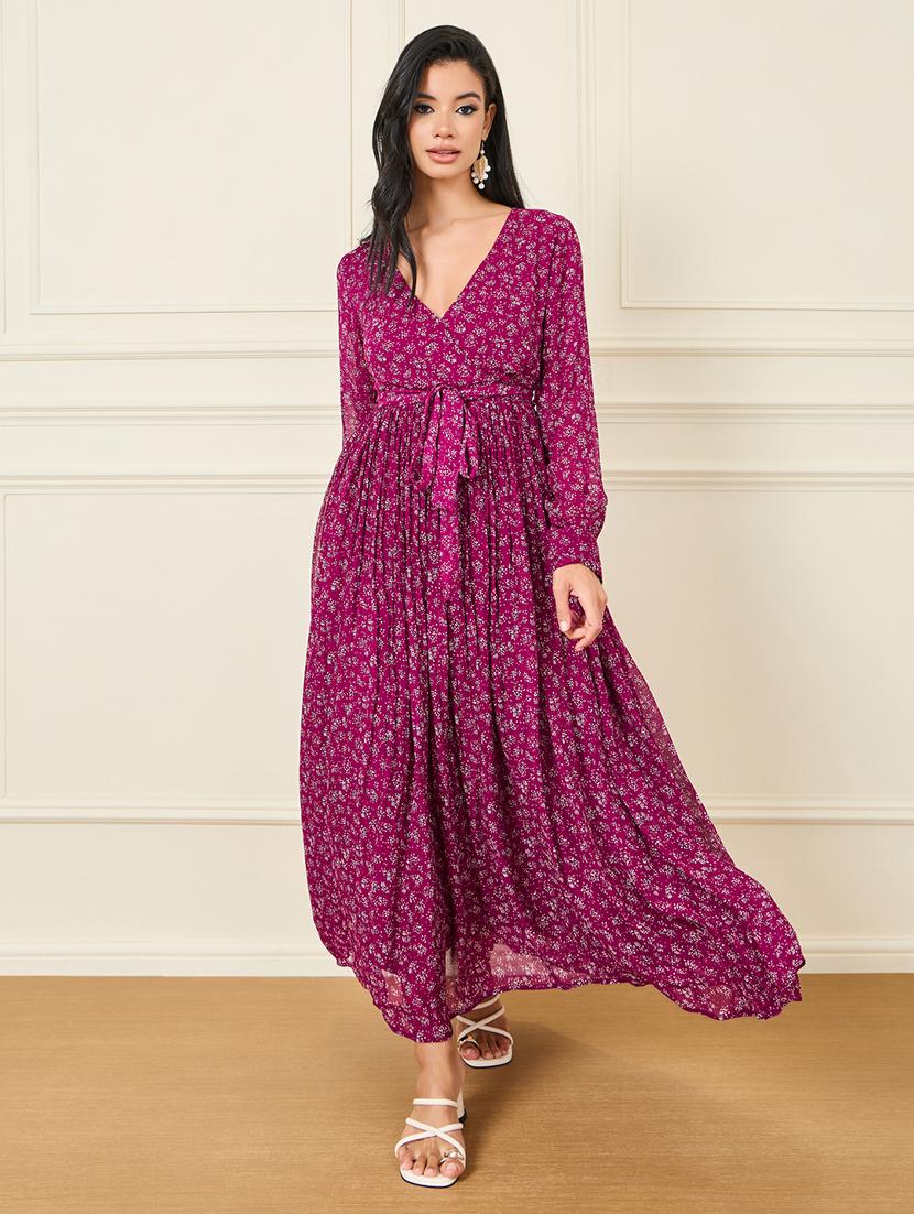 women v-neck printed a-line dress