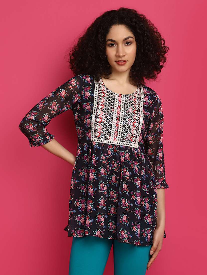 women orange printed round neck top