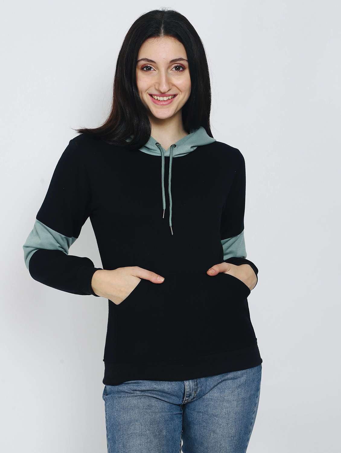 women black colour block hooded sweatshirt