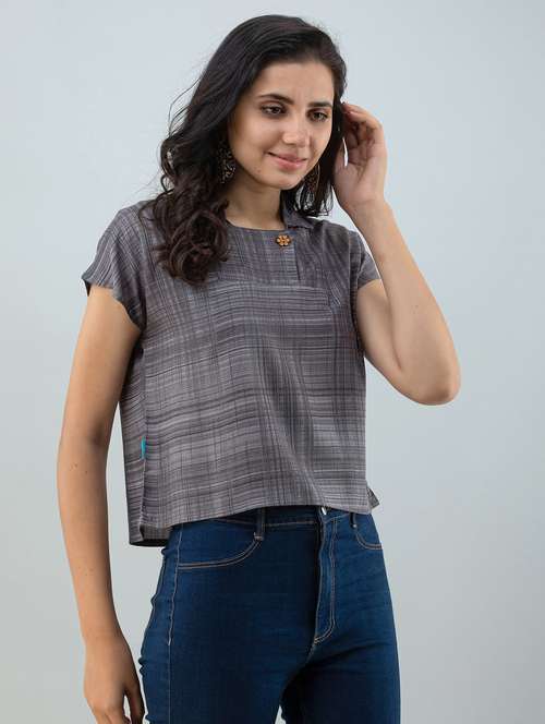 grey checked printed casual top - 21016420 -  Standard Image - 0