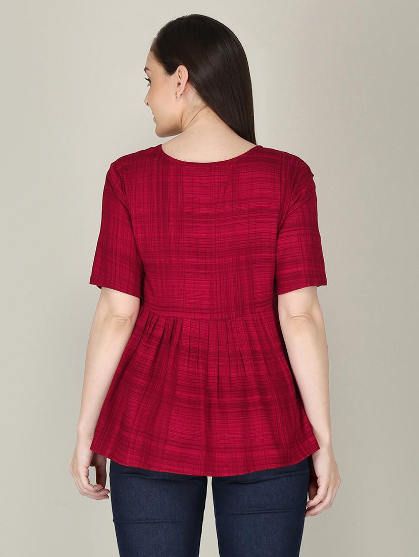 maroon checked printed peplum top - 21016421 - Standard Image - 2