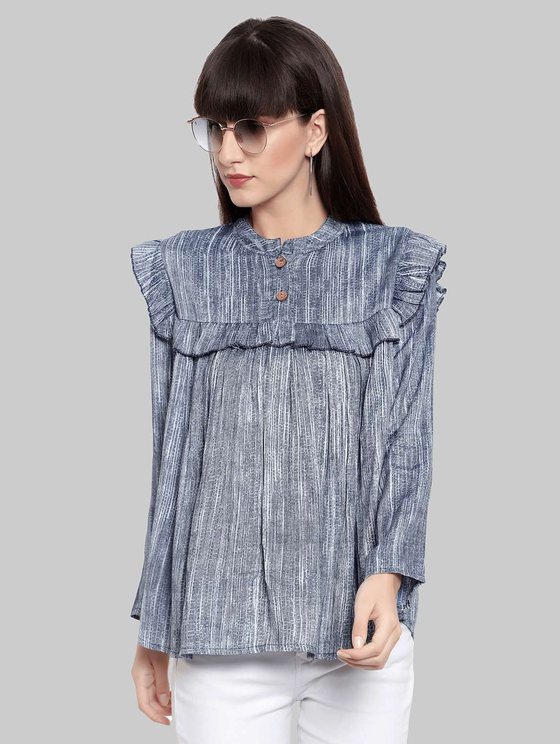 grey printed ruffle detailed casual top - 21016424 - Zoom Image - 0
