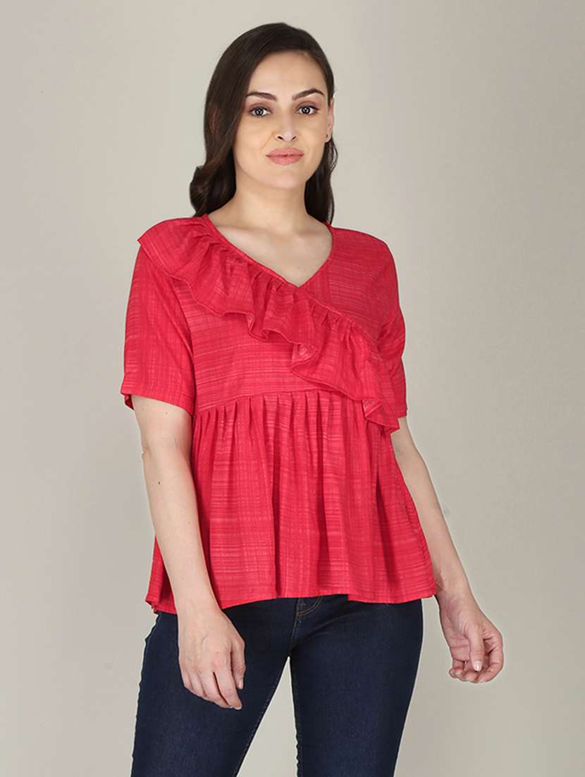 pink checked printed peplum top