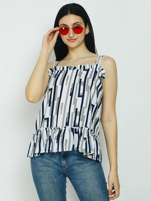 white printed ruffle detailed casual top - 21016445 - Standard Image - 0