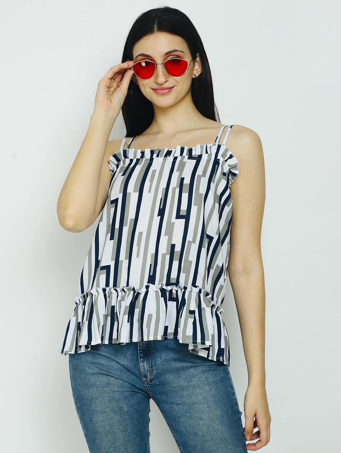 white printed ruffle detailed casual top - 21016445 - Zoom Image - 0