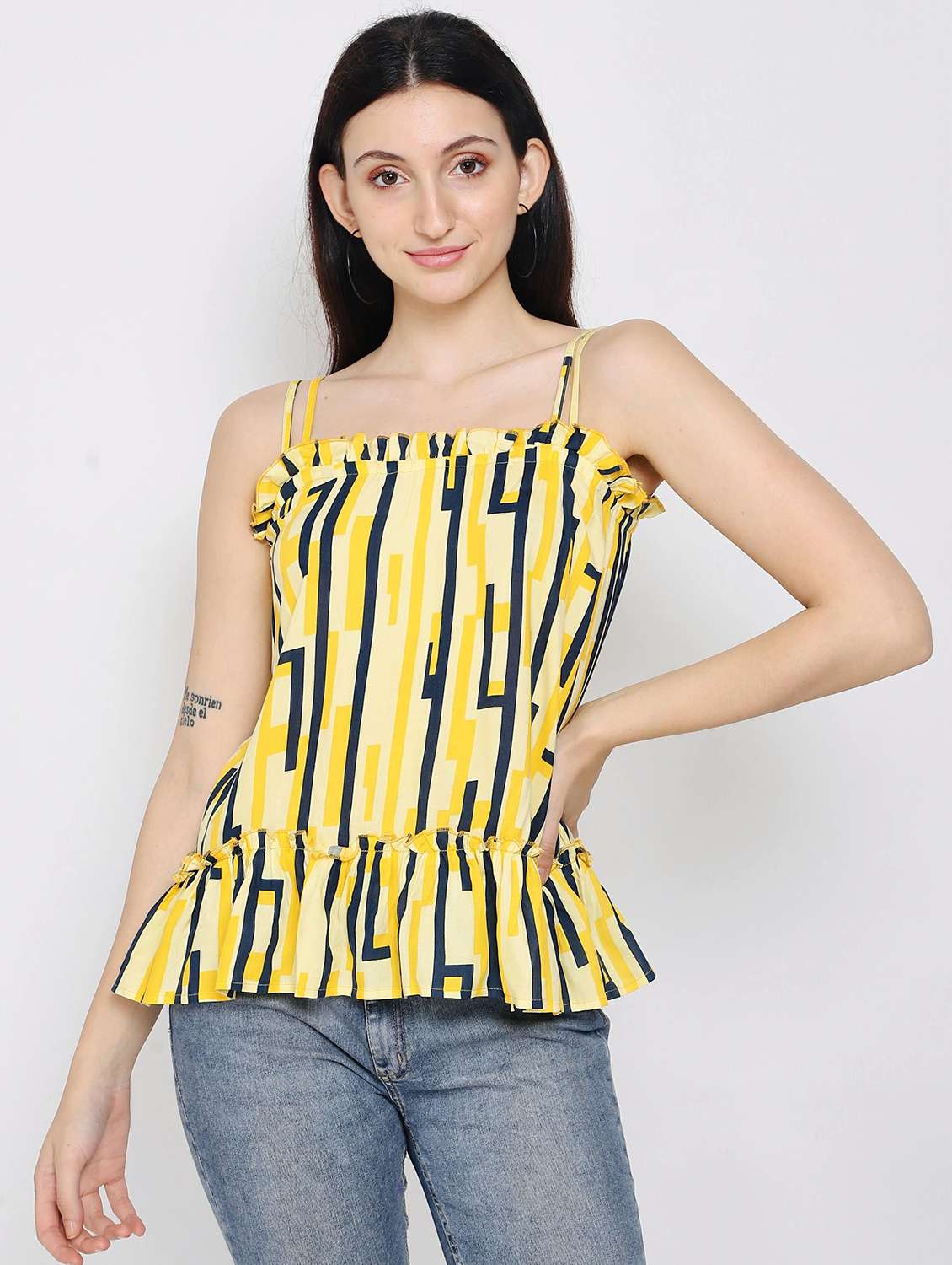 yellow printed ruffle detailed casual top