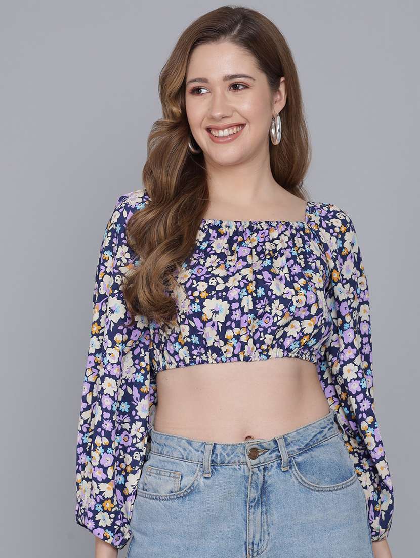 navy blue floral printed crop top