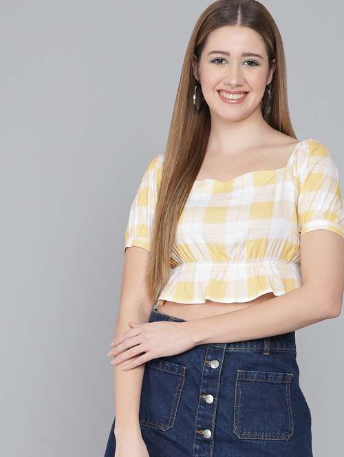 white checked printed casual crop top - 21016472 -  Standard Image - 0