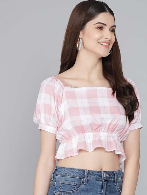 white checked printed casual crop top - 21016478 - Standard Image - 0