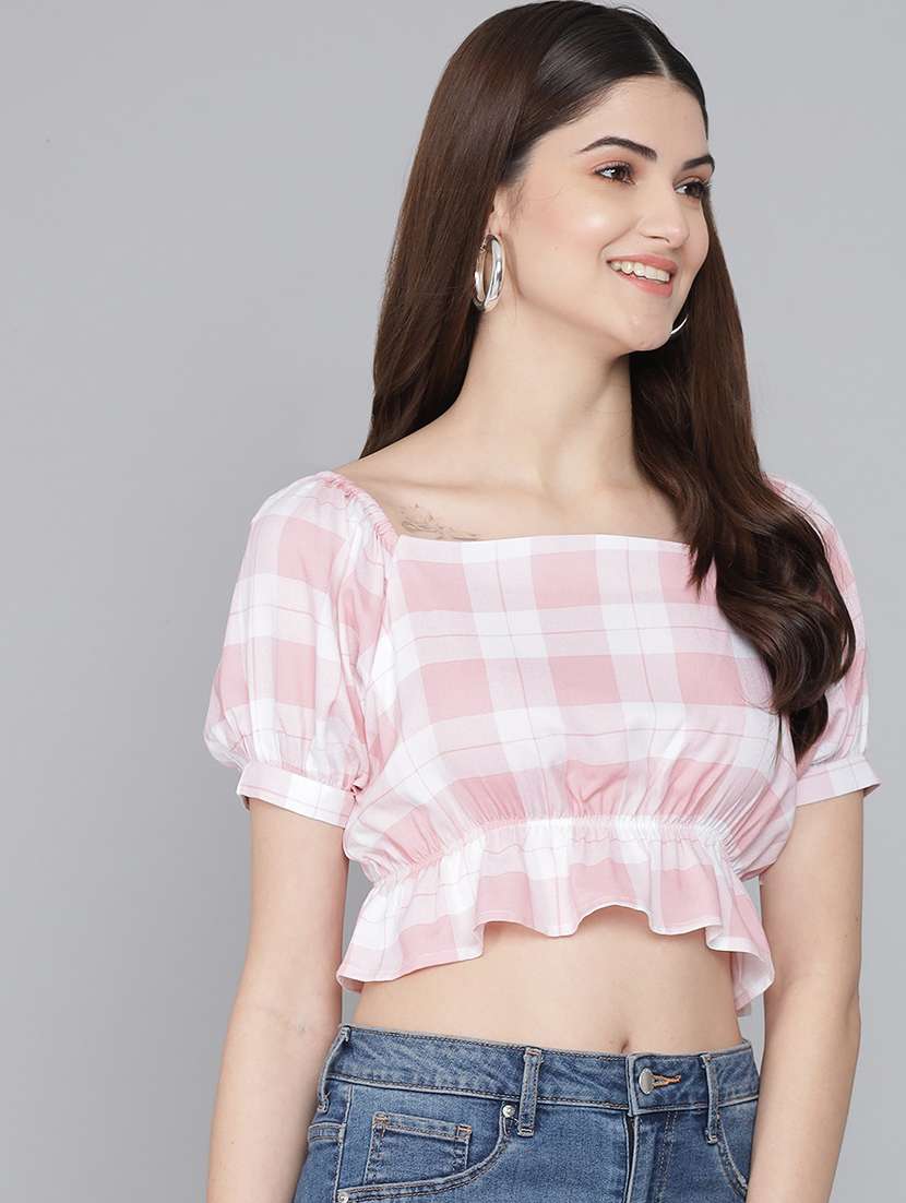 white checked printed casual crop top - 21016478 - Zoom Image - 0