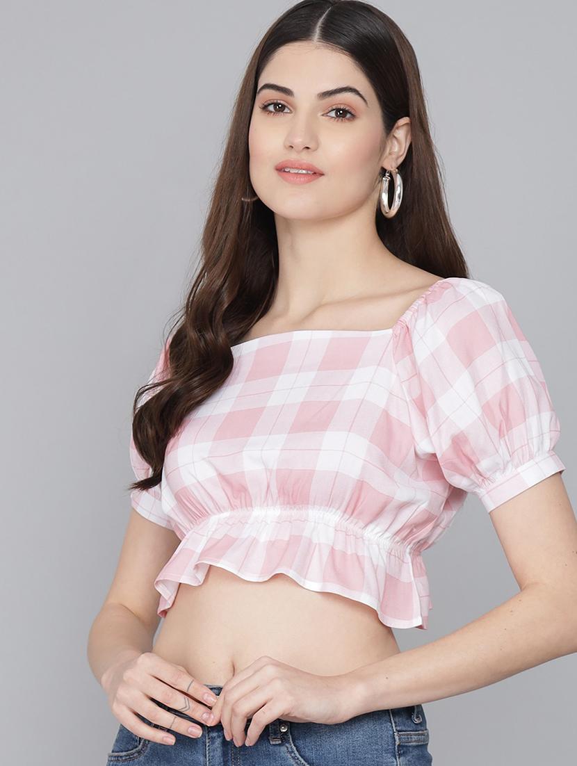white checked printed casual crop top - 21016478 - Standard Image - 2