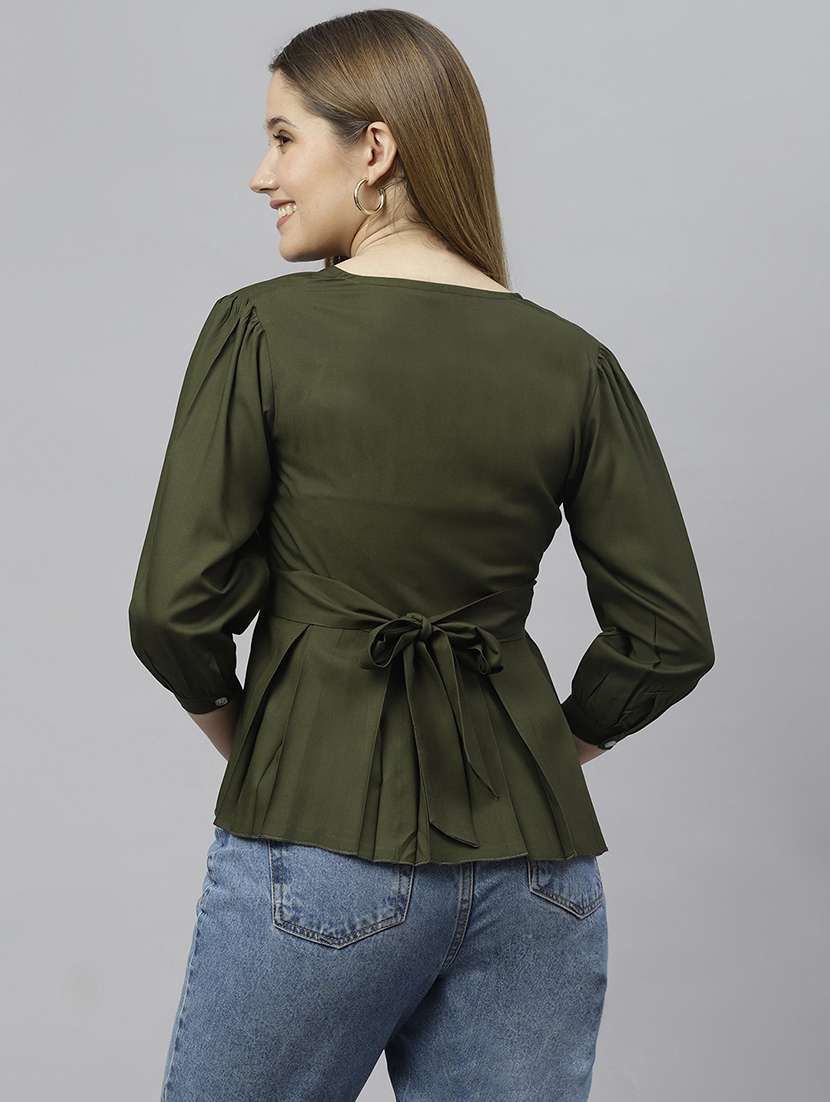 solid dark green detailed peplum top - 21016487 -  Standard Image - 2
