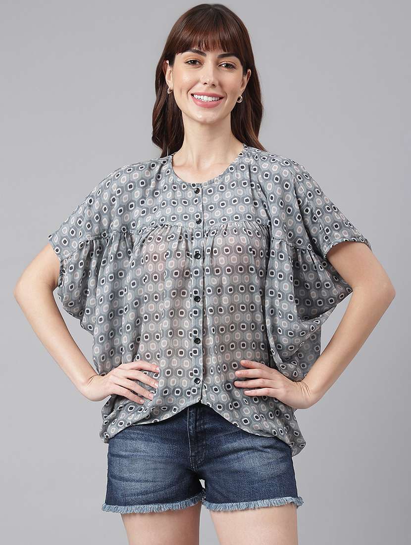 women printed batwing sleeves asymmetric top