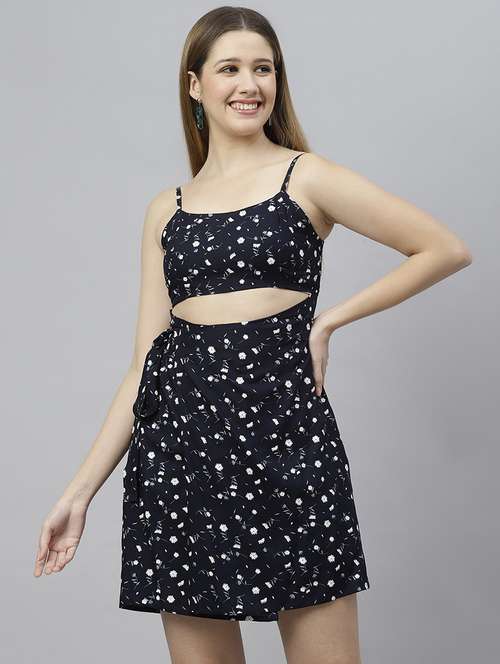 women navy blue printed fit & flare dress - 21016660 - Standard Image - 0