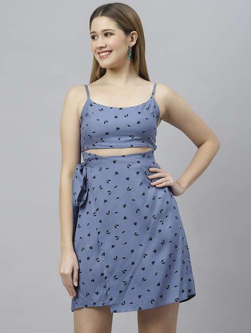 women light blue printed a-line dress - 21016661 - Standard Image - 0