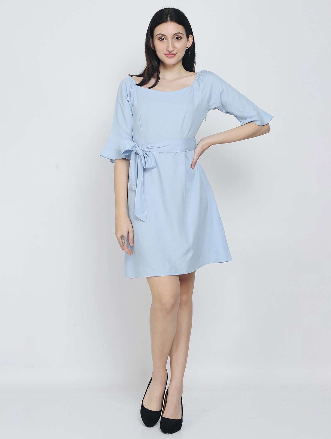solid purist blue detailed a-line dress