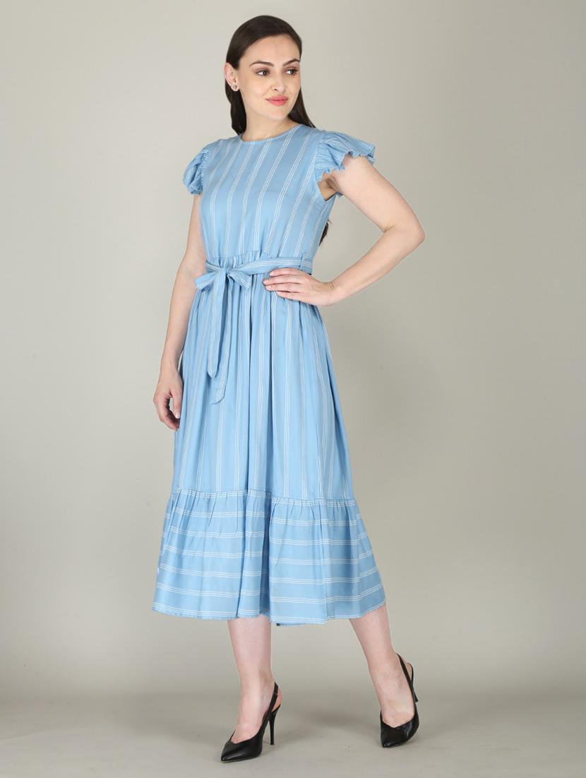 light blue striped printed detailed midi dress - 21016684 - Standard Image - 2