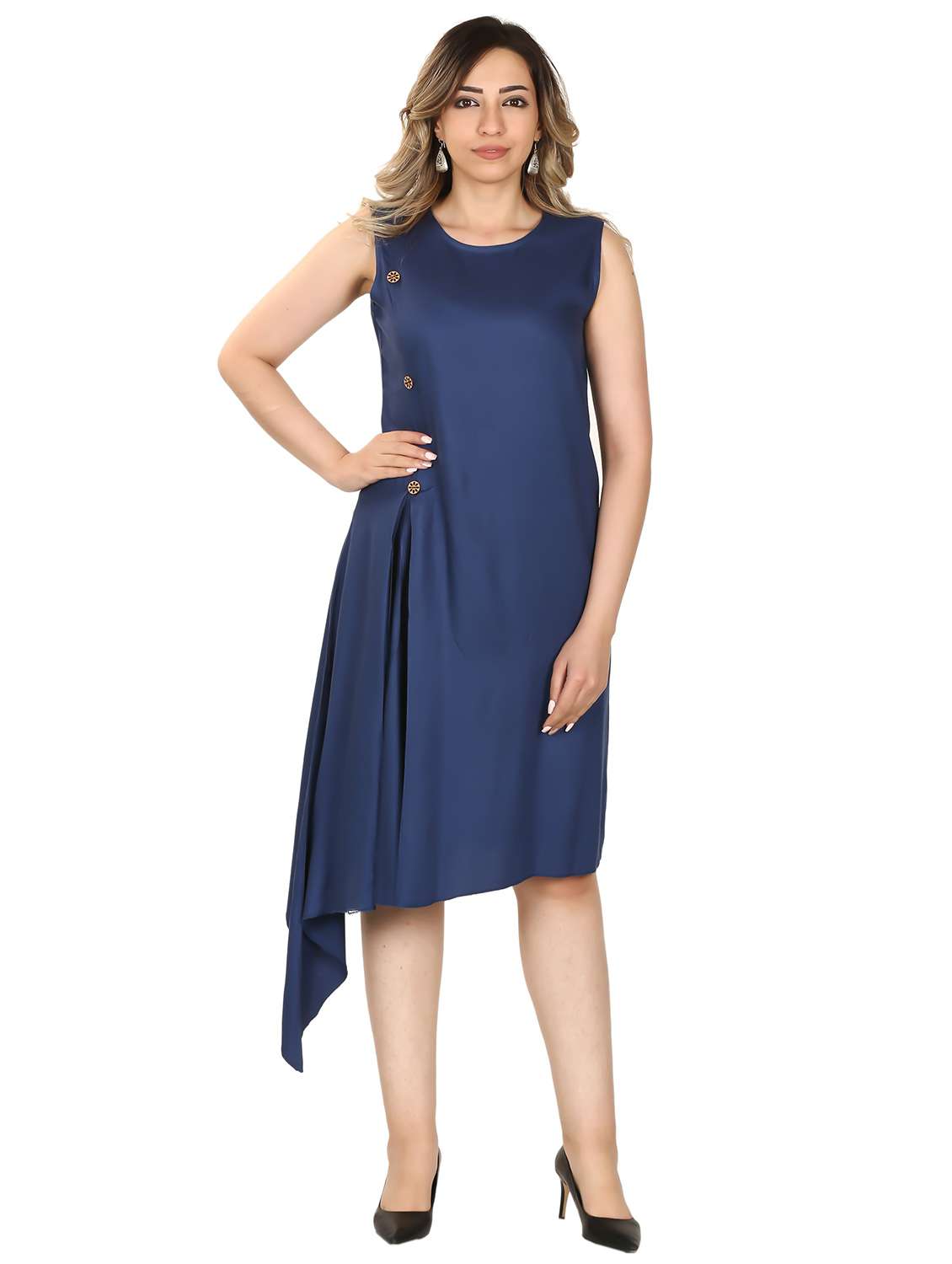 solid navy blue asymmetric detailed dress