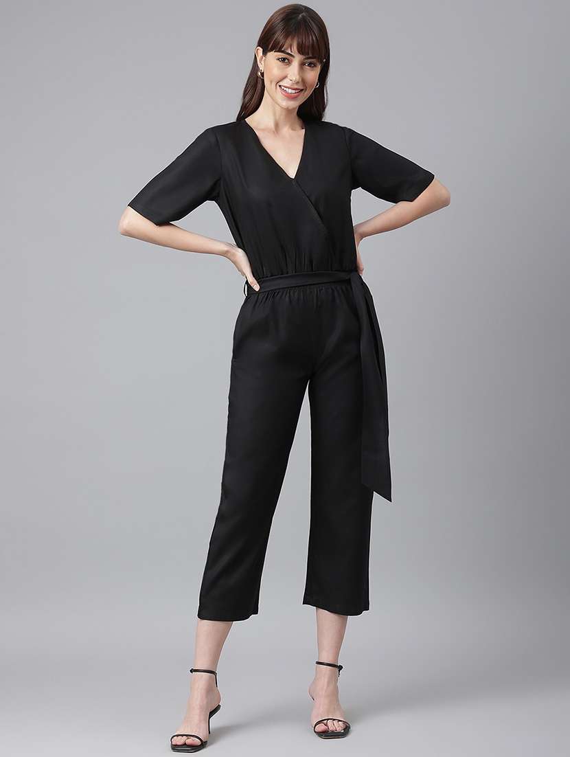 women black solid full leg jumpsuit