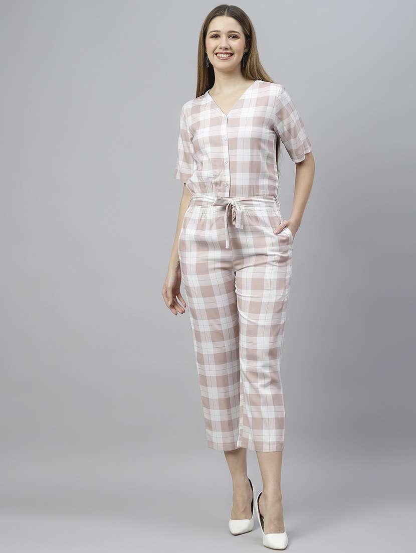 women checkered v neck jumpsuit