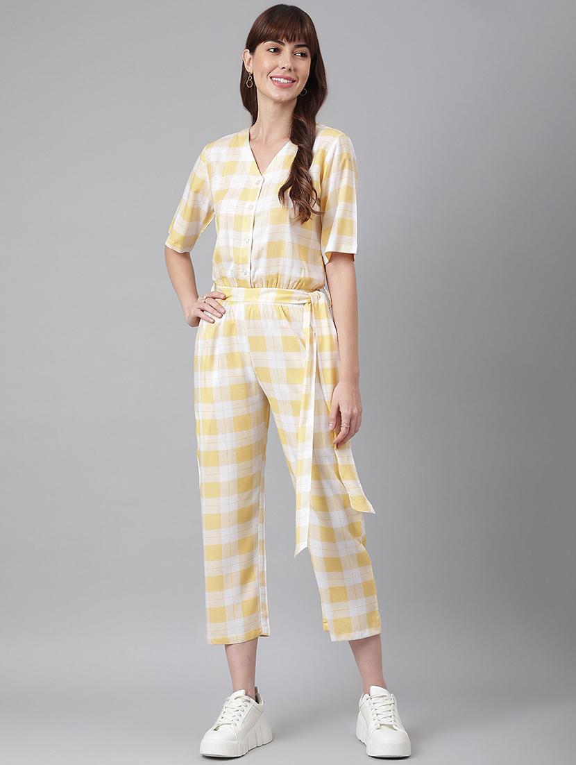 women yellow checks full leg jumpsuit - 21016727 - Zoom Image - 0