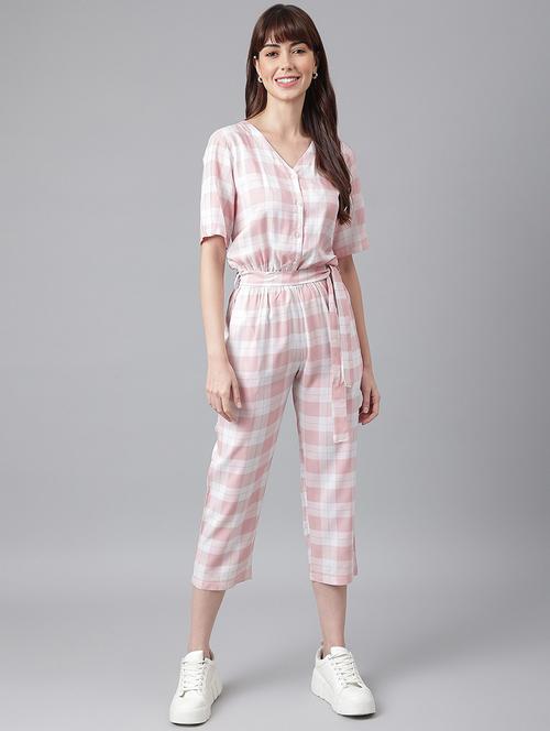 women pink checks full leg jumpsuit - 21016729 -  Standard Image - 0