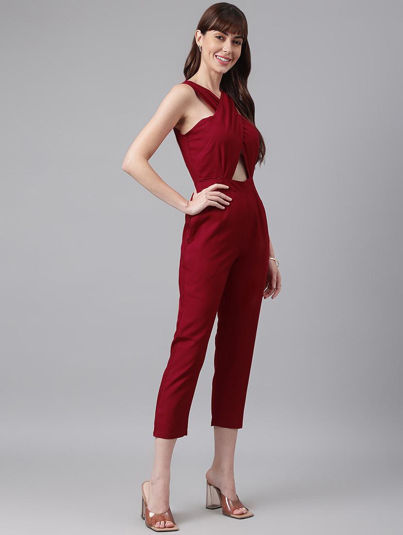 maroon rayon full leg jumpsuit - 21016730 - Standard Image - 2