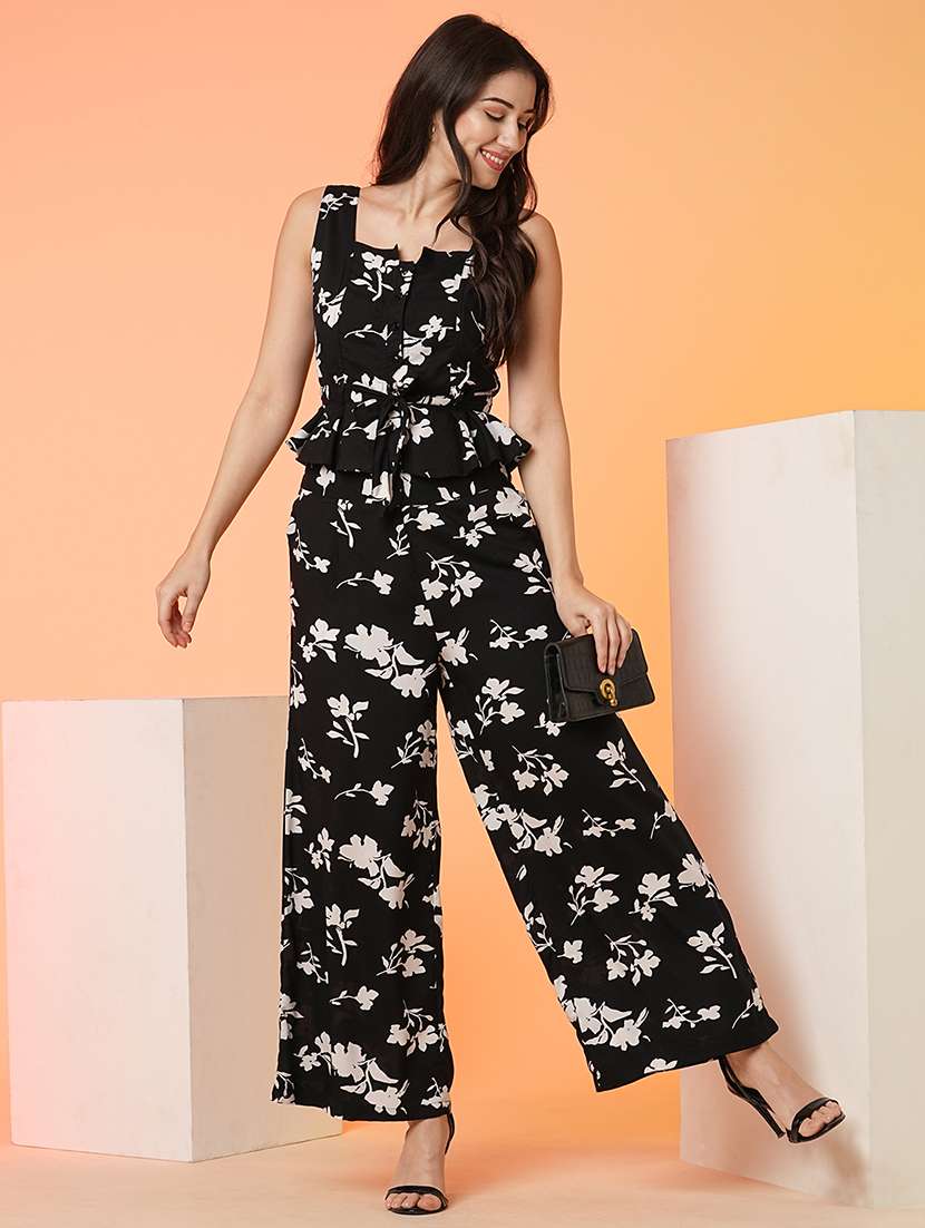 globus women black square neck allover floral print tie-up peplum crop top & palazzos co-ord set