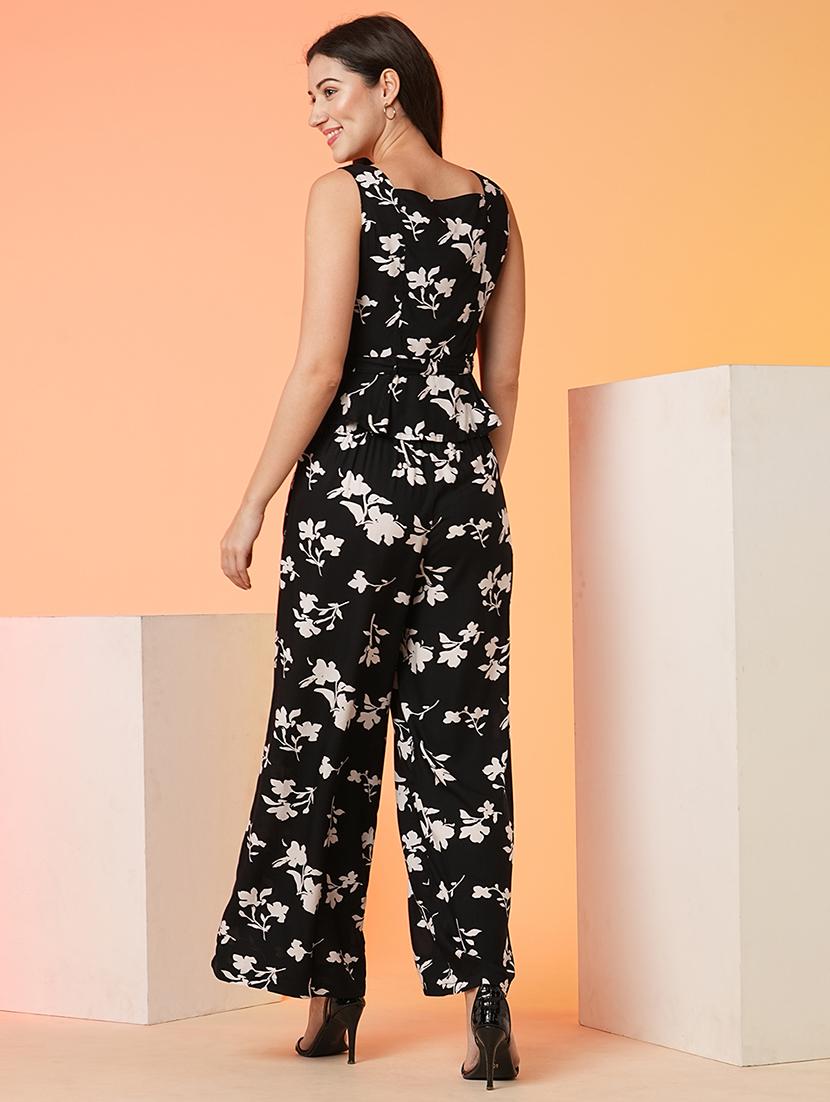 globus women black square neck allover floral print tie-up peplum crop top & palazzos co-ord set - 21016987 - Standard Image - 2