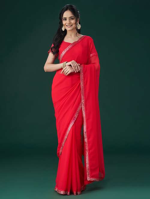 red embroidered saree with blouse - 21017069 -  Standard Image - 0