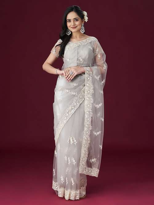 white embroidered saree with blouse - 21017075 -  Standard Image - 0