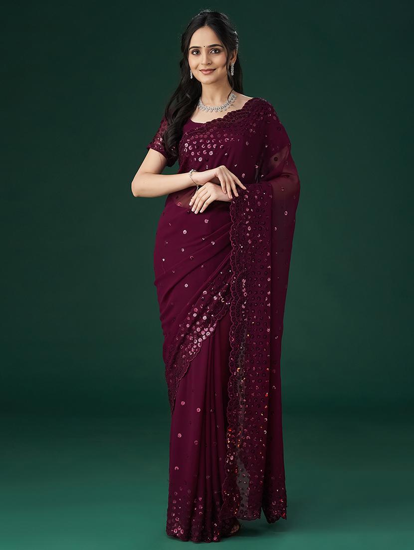 burgundy georgette embellished saree with blouse